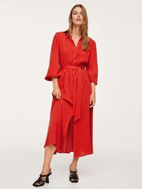 MANGO RED SOLID LYOCELL MIDI SHIRT DRESS SIZE S